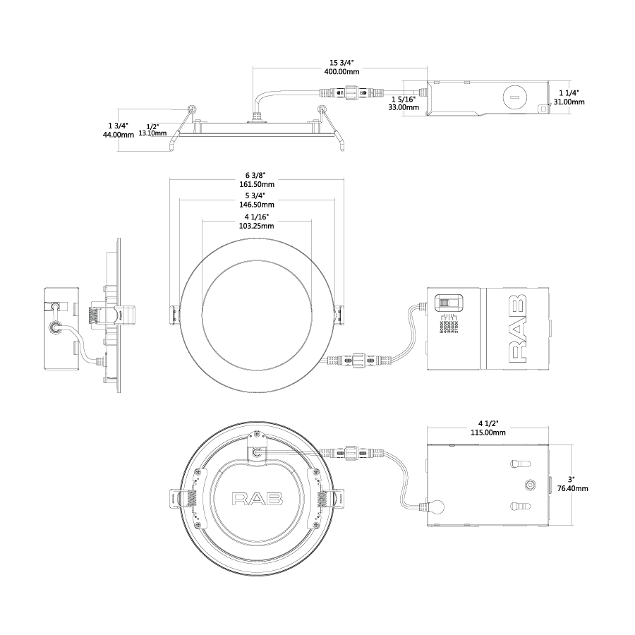 Dimension drawing of the RAB WFRL5R129CCT120WS WFRL 5 Inch Edge-Lit Wafer Downlight – 12W – 5-CCT Selectable – White Smooth Trim – CRI90 – 120V – Triac Dimmable – 1100 Lumensshowing fixture dimensions and mounting measurements.