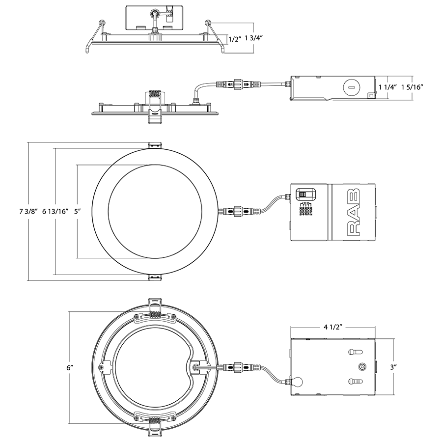 Dimension drawing of the RAB WFRL6R139FA120BS WFRL 6 Inch Edge-Lit Wafer Downlight – 13W – 5-CCT Selectable – Black Trim – CRI90 – 120V – Triac Dimmable – 1100 Lumensshowing fixture dimensions and mounting measurements.