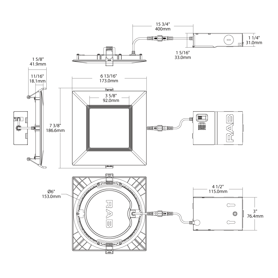 Dimension drawing of the RAB WFRL6S139FA120WB WFRL 6 Inch Square Edge-Lit Wafer Downlight – 13W – 5-CCT Selectable – White Baffle Trim – CRI90 – 120V – Triac Dimmable – 1100 Lumensshowing fixture dimensions and mounting measurements.