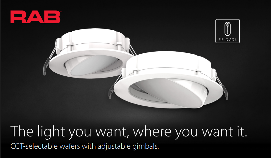 RAB WFRLA6R129FA120WS 6 Inch Adjustable Gimbal Edge-Lit Wafer Downlight – 12W – 5-CCT Selectable – White Smooth Trim – CRI90 – 120V – Triac Dimmable – 1000 Lumens