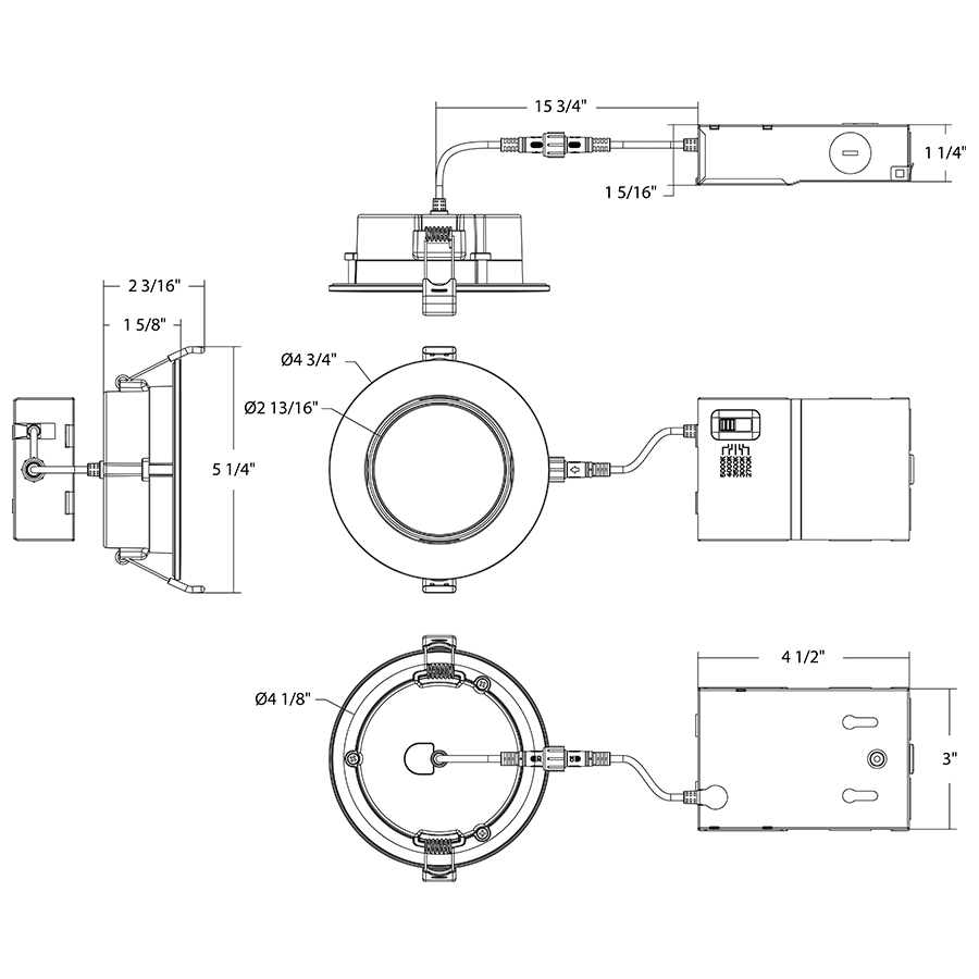 Dimension drawing of the RAB WFRLA4R89FA120WS 4 Inch Adjustable Gimbal Edge-Lit Wafer Downlight – 9W – 5-CCT Selectable – White Smooth Trim – CRI90 – 120V – Triac Dimmable – 700 Lumensshowing fixture dimensions and mounting measurements.