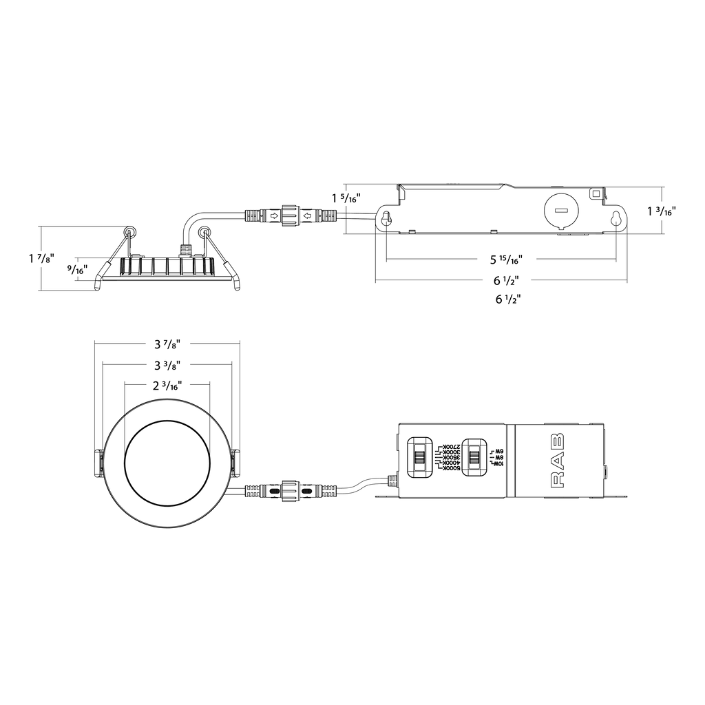 Dimension drawing of the RAB WFRX-2 WFRX 2in Edge-Lit Wafer Recessed Light – Selectable 6W–10W – 520–900 Lumens – 2700K–5000K – 120V – Round – 90+ CRIshowing fixture dimensions and mounting measurements.