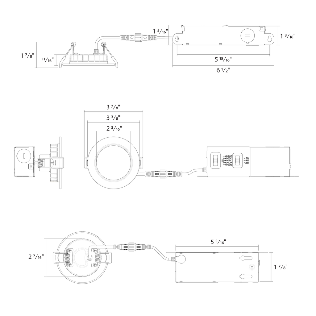 Dimension drawing of the RAB WFRX-2B WFRX 2in Edge-Lit Wafer Recessed Light – Selectable 6W–10W – 520–900 Lumens – 2700K–5000K – 120V – Round – Baffle Trim – 90+ CRIshowing fixture dimensions and mounting measurements.