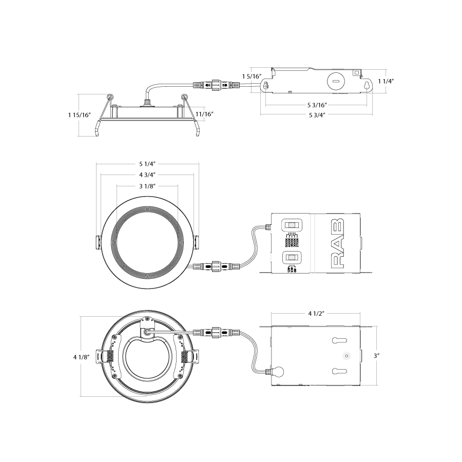 Dimension drawing of the RAB WFRX-4BD WFRX 4in Edge-Lit Wafer Recessed Light – Selectable 8W–12W – 678–1100 Lumens – 2700K–5000K – 120–277V – Round – Baffle Trim – 90+ CRIshowing fixture dimensions and mounting measurements.