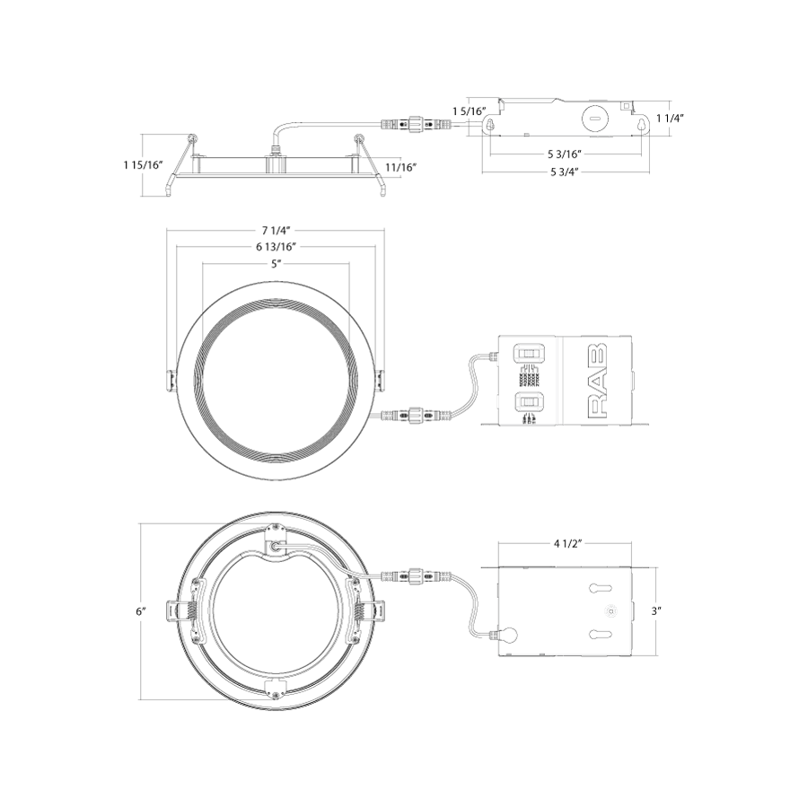 Dimension drawing of the RAB WFRX-6BD WFRX 6in Edge-Lit Wafer Recessed Light – Selectable 11W–15W – 1000–1500 Lumens – 2700K–5000K – 120–277V – Round – Baffle Trim – 90+ CRIshowing fixture dimensions and mounting measurements.