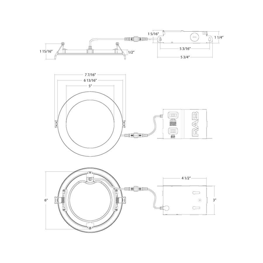 Dimension drawing of the RAB WFRX-6D WFRX 6in Edge-Lit Wafer Recessed Light – Selectable 11W–15W – 1000–1500 Lumens – 2700K–5000K – 120–277V – Round – 90+ CRIshowing fixture dimensions and mounting measurements.