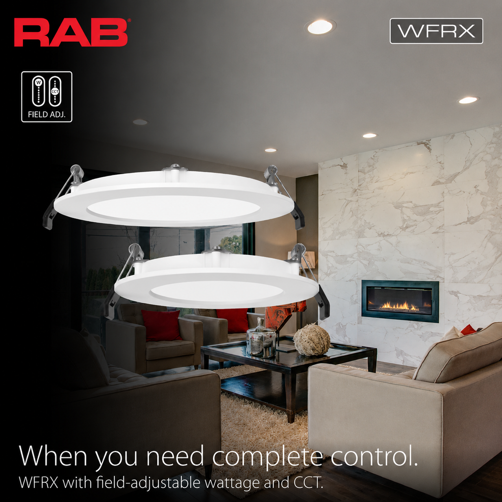 RAB WFRX-4BD WFRX 4in Edge-Lit Wafer Recessed Light – Selectable 8W–12W – 678–1100 Lumens – 2700K–5000K – 120–277V – Round – Baffle Trim – 90+ CRI