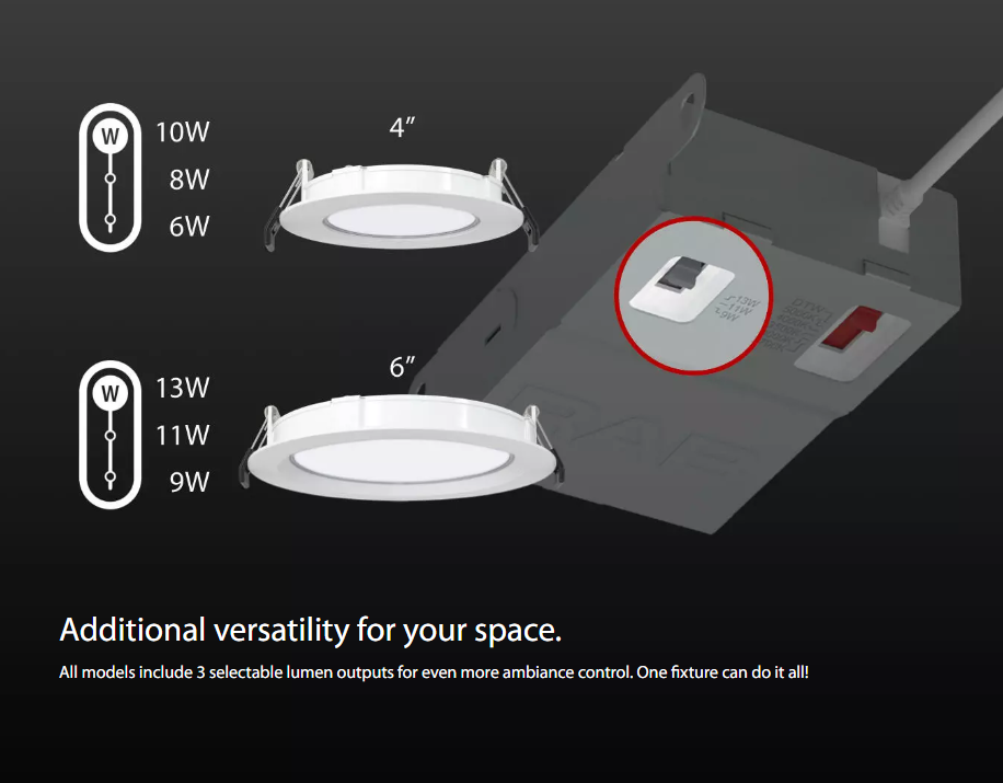 RAB WFRX-4RB/NL WFRX 4 Inch Dim-to-Warm Edge-Lit Wafer Downlight with Night Light – Selectable 6W/8W/10W – Selectable 2700K/3000K/3500K/4000K/5000K – White Baffle Trim – 120V – 500-850 Lumens Main Light + 20 Lumen Night Light