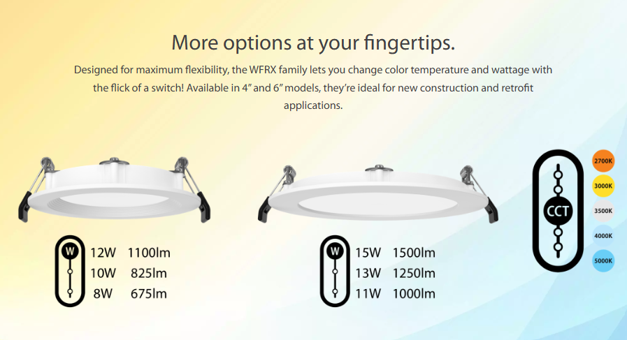 RAB WFRX-4BD WFRX 4in Edge-Lit Wafer Recessed Light – Selectable 8W–12W – 678–1100 Lumens – 2700K–5000K – 120–277V – Round – Baffle Trim – 90+ CRI