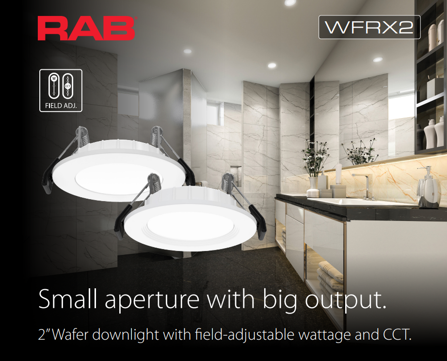 RAB WFRX-2B WFRX 2in Edge-Lit Wafer Recessed Light – Selectable 6W–10W – 520–900 Lumens – 2700K–5000K – 120V – Round – Baffle Trim – 90+ CRI