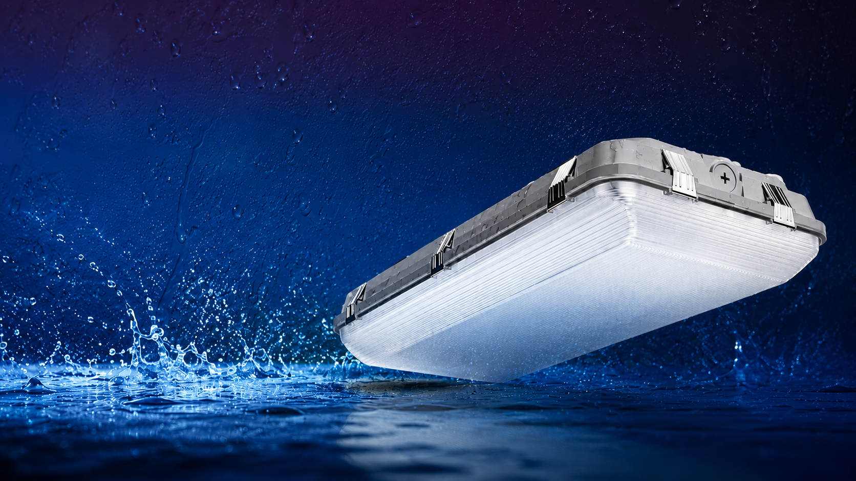 RAB WHALE LED washdown fixture engineered for food processing, sanitation, and high-moisture environments with NSF certification, IP67 waterproof protection, IK10 impact resistance, and UL 94-5VA fire-rated construction.