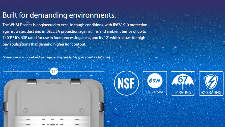 RAB WHALE2/PIR/E WHALE2 LED Washdown High Bay with PIR Sensor and Emergency Battery Backup - 2ft - 10525-14327 Lumens - 60W–90W Selectable Wattage - 120-277V