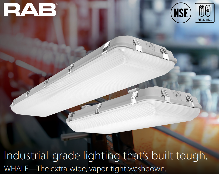 RAB WHALE2/PIR/E WHALE2 LED Washdown High Bay with PIR Sensor and Emergency Battery Backup - 2ft - 10525-14327 Lumens - 60W–90W Selectable Wattage - 120-277V