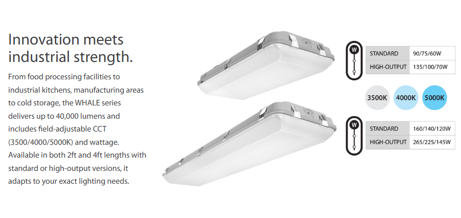 RAB WHALE2/PIR/E WHALE2 LED Washdown High Bay with PIR Sensor and Emergency Battery Backup - 2ft - 10525-14327 Lumens - 60W–90W Selectable Wattage - 120-277V