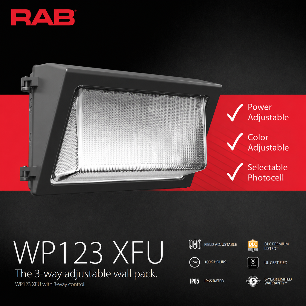 RAB WP3XFU150 WP3 Field-Adjustable Wall Pack – Selectable 100W/130W/150W – Selectable 3000K/4000K/5000K – 13254-21552 Lumens – 120-277V – Integrated Photocell – Bronze Finish