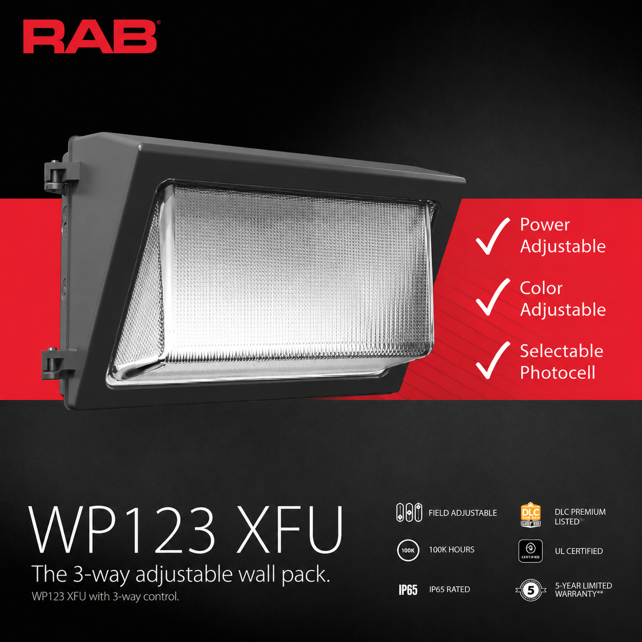 RAB WP3XFU150 WP3 Field-Adjustable Wall Pack – Selectable 100W/130W/150W – Selectable 3000K/4000K/5000K – 13254-21552 Lumens – 120-277V – Integrated Photocell – Bronze Finish