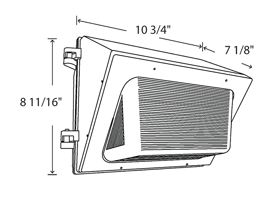 Dimension drawing of the RAB WP1XFU29 WP1 Field-Adjustable Wall Pack – Selectable 15W/20W/29W – Selectable 3000K/4000K/5000K – 2115-4283 Lumens – 120-277V – Integrated Photocell – Bronze Finishshowing fixture dimensions and mounting measurements.