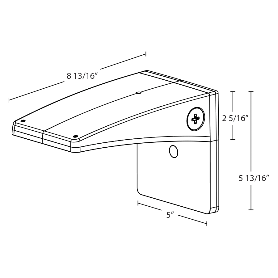 Dimension drawing of the RAB WPLEDS/E PWLED Field-Adjustable Wall Pack – Small – Selectable 6W/10W/13W – Selectable 3000K/4000K/5000K – 833-1720 Lumens – 120-277V – Emergency Battery Backup – Bronze Finishshowing fixture dimensions and mounting measurements.