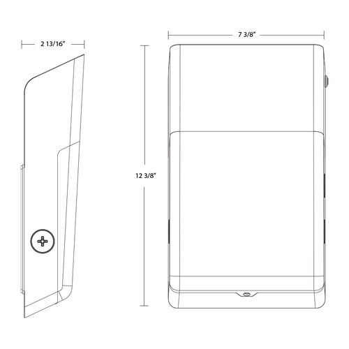 Dimension drawing of the RAB WPT/E TallPack Field-Adjustable Wall Pack – Selectable 15W/25W/40W – Selectable 3000K/4000K/5000K – 2162-5345 Lumens – 120-277V – Emergency Battery Backup – Bronze Finishshowing fixture dimensions and mounting measurements.