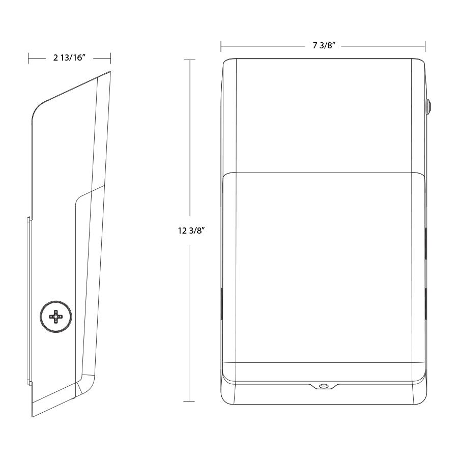 Dimension drawing of the RAB WPTW/E TallPack Field-Adjustable Wall Pack – Selectable 15W/25W/40W – Selectable 3000K/4000K/5000K – 2162-5345 Lumens – 120-277V – Emergency Battery Backup – White Finishshowing fixture dimensions and mounting measurements.