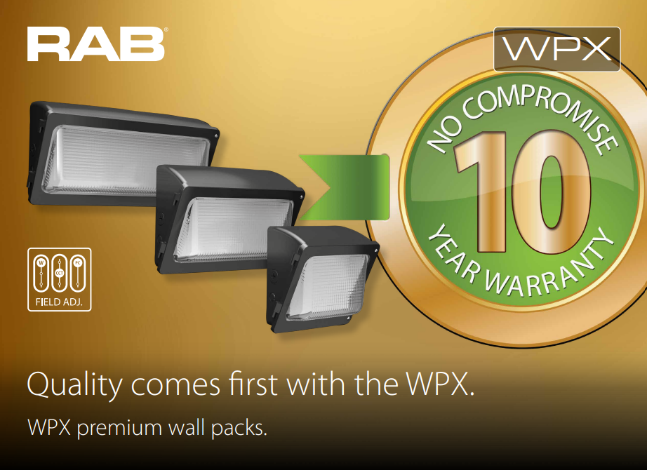 RAB WPX3W/MVS/E WPX Field-Adjustable Wall Pack – WPX3 – Selectable 64W/100W/130W – Selectable 3000K/4000K/5000K – 9509-18635 Lumens – 120-277V – Integrated Photocell – Microwave Occupancy Sensor – Emergency Battery Backup – White Finish