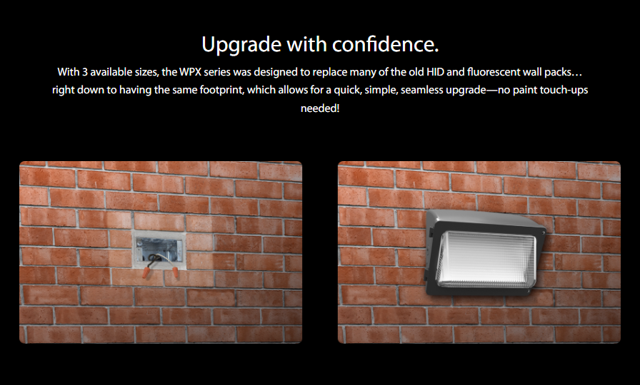 RAB WPX3W/MVS/E WPX Field-Adjustable Wall Pack – WPX3 – Selectable 64W/100W/130W – Selectable 3000K/4000K/5000K – 9509-18635 Lumens – 120-277V – Integrated Photocell – Microwave Occupancy Sensor – Emergency Battery Backup – White Finish