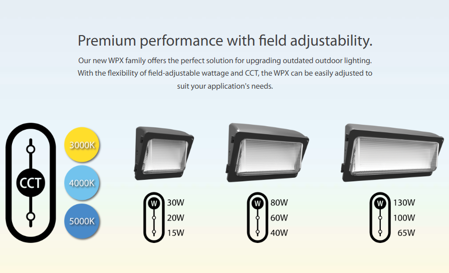 RAB WPX3W/MVS/E WPX Field-Adjustable Wall Pack – WPX3 – Selectable 64W/100W/130W – Selectable 3000K/4000K/5000K – 9509-18635 Lumens – 120-277V – Integrated Photocell – Microwave Occupancy Sensor – Emergency Battery Backup – White Finish
