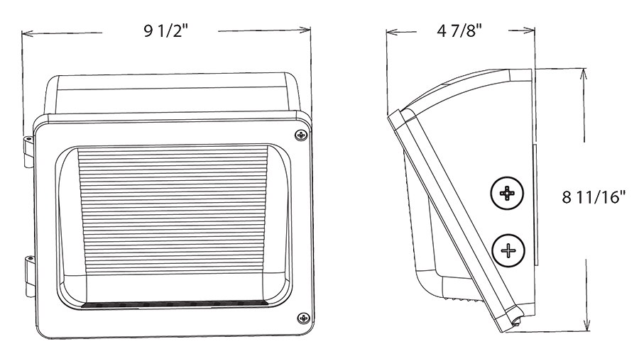 Dimension drawing of the RAB WPX1/MVS WPX Field-Adjustable Wall Pack – WPX1 – Selectable 15W/20W/30W – Selectable 3000K/4000K/5000K – 2497-4739 Lumens – 120-277V – Integrated Photocell – Microwave Occupancy Sensor – Bronze Finishshowing fixture dimensions and mounting measurements.