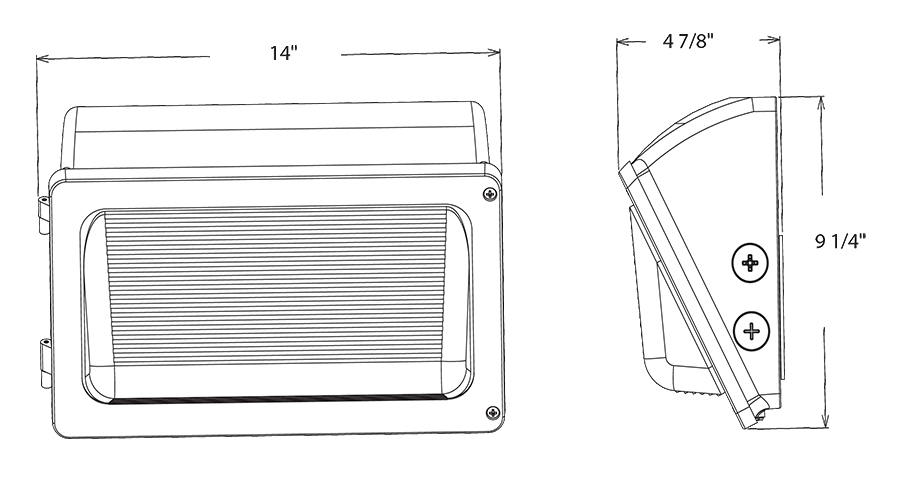 Dimension drawing of the RAB WPX2/E WPX Field-Adjustable Wall Pack – WPX2 – Selectable 40W/60W/80W – Selectable 3000K/4000K/5000K – 5789-11353 Lumens – 120-277V – Integrated Photocell – Emergency Battery Backup – Bronze Finishshowing fixture dimensions and mounting measurements.