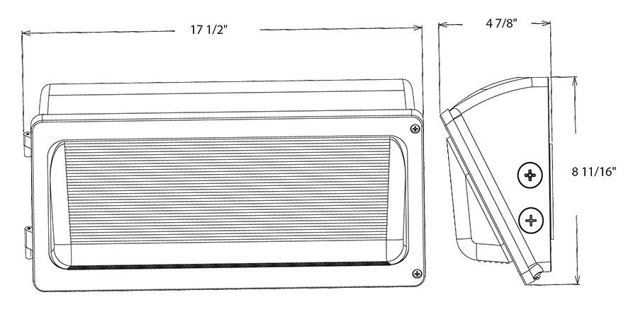 Dimension drawing of the RAB WPX3/MVS/E WPX Field-Adjustable Wall Pack – WPX3 – Selectable 64W/100W/130W – Selectable 3000K/4000K/5000K – 9509-18635 Lumens – 120-277V – Integrated Photocell – Microwave Occupancy Sensor – Emergency Battery Backup – Bronze Finishshowing fixture dimensions and mounting measurements.