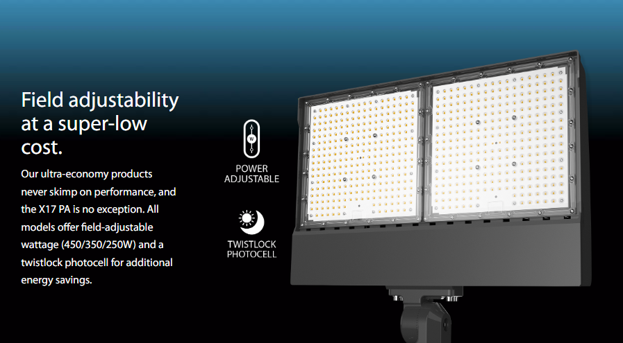 RAB X17PA450NSF/PCT X17 Field-Adjustable LED Flood Light – 250W/350W/450W Selectable – 4000K – 41506-66130 Lumens – 120-277V – Twistlock Photocontrol – Slipfitter Mount – Bronze Finish
