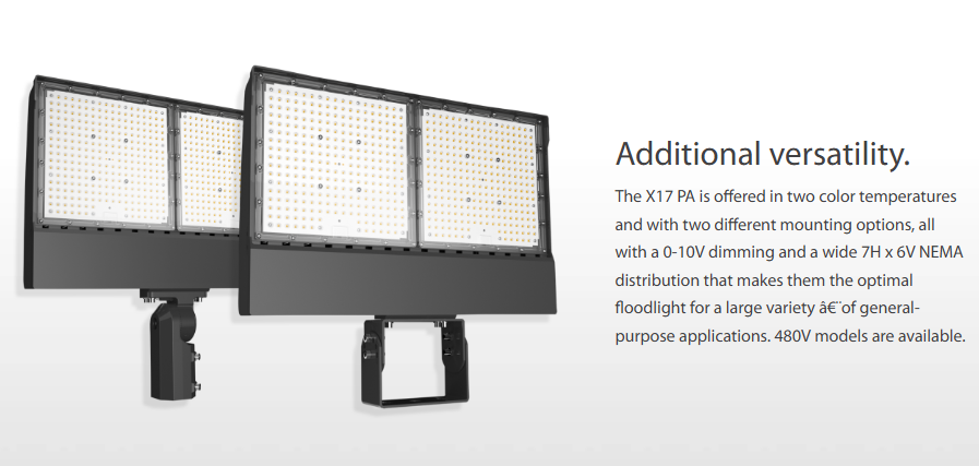 RAB X17PA450NSF/PCT X17 Field-Adjustable LED Flood Light – 250W/350W/450W Selectable – 4000K – 41506-66130 Lumens – 120-277V – Twistlock Photocontrol – Slipfitter Mount – Bronze Finish