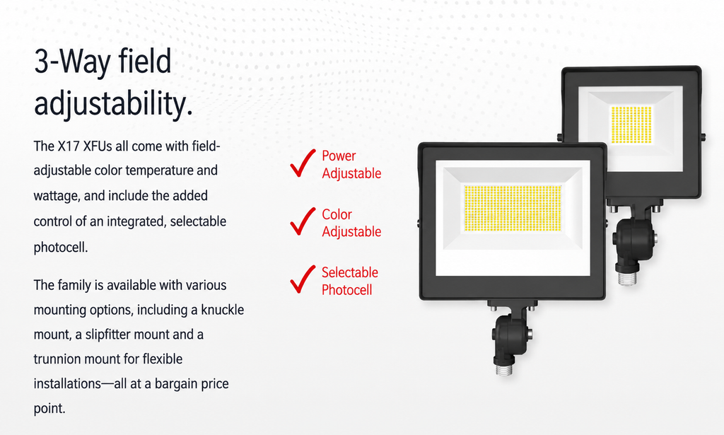 RAB X17XFU105T X17 Field-Adjustable LED Flood Light – 50W/75W/105W Selectable – 3000K/4000K/5000K Selectable – 8154-16249 Lumens – 120-277V – Integrated Photocell – Trunnion Mount – Bronze Finish