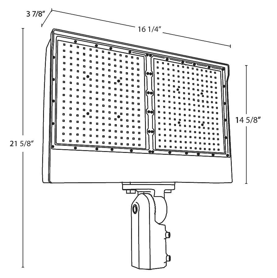 Dimension drawing of the RAB X17XFU330SF/PCT X17 Field-Adjustable LED Flood Light – 175W/250W/330W Selectable – 3000K/4000K/5000K Selectable – 28950-49131 Lumens – 120-277V – Twistlock Photocontrol – Slipfitter Mount – Bronze Finishshowing fixture dimensions and mounting measurements.