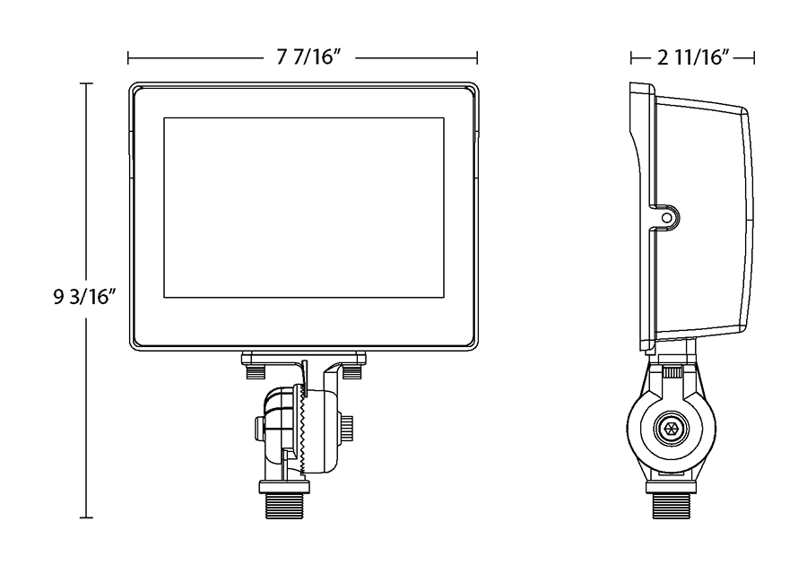 Dimension drawing of the RAB X17XFU35W X17 Field-Adjustable LED Flood Light – 15W/25W/35W Selectable – 3000K/4000K/5000K Selectable – 2305-5031 Lumens – 120-277V – Integrated Photocell – Knuckle Mount – White Finishshowing fixture dimensions and mounting measurements.