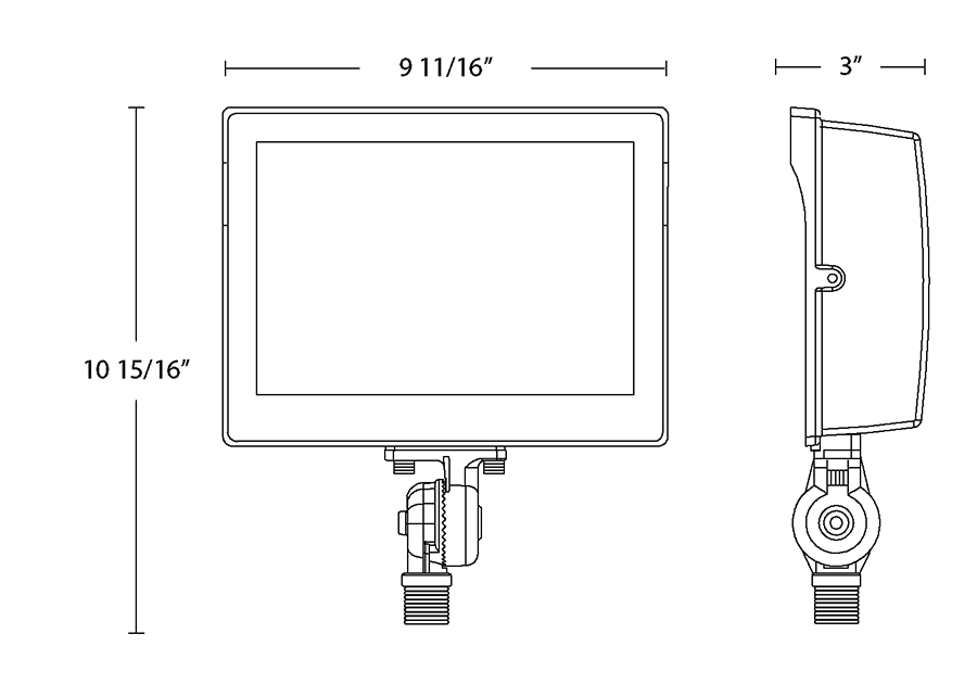Dimension drawing of the RAB X17XFU60W X17 Field-Adjustable LED Flood Light – 30W/50W/60W Selectable – 3000K/4000K/5000K Selectable – 4793-9142 Lumens – 120-277V – Integrated Photocell – Knuckle Mount – White Finishshowing fixture dimensions and mounting measurements.