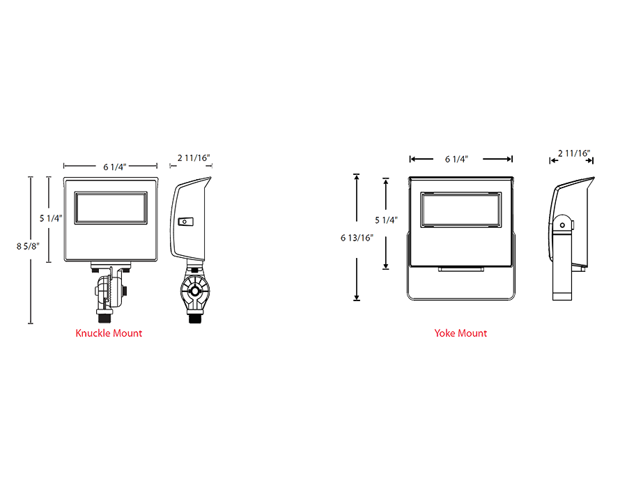 Dimension drawing of the RAB X22-20W X22 5-Way Selectable LED Flood Light – 10W/13W/17W/20W Selectable – 3000K/4000K/5000K Selectable – 1310-3120 Lumens – 120-277V – 7H x 6V Distribution – Knuckle and Yoke Mount Included – White Finishshowing fixture dimensions and mounting measurements.