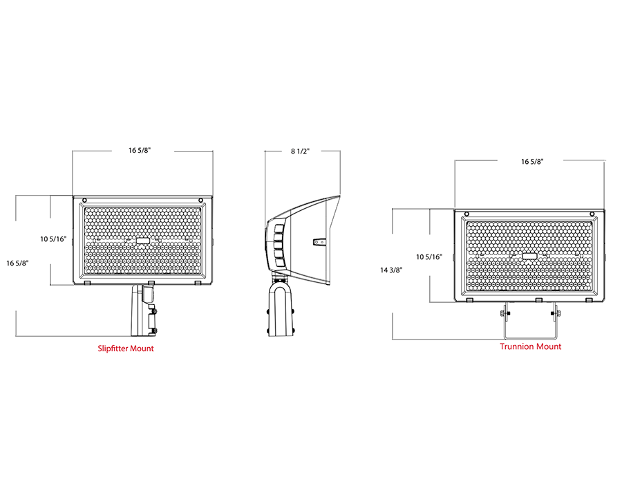 Dimension drawing of the RAB X22-320 X22 5-Way Selectable LED Flood Light – 200W/240W/280W/320W Selectable – 3000K/4000K/5000K Selectable – 29268-45989 Lumens – 120-277V – 7H x 6V Distribution – Slipfitter and Trunnion Mount – Bronze Finishshowing fixture dimensions and mounting measurements.