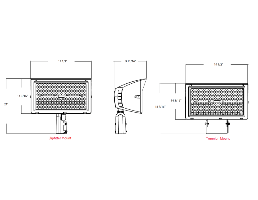 Dimension drawing of the RAB X22-500 X22 5-Way Selectable LED Flood Light – 380W/420W/450W/500W Selectable – 3000K/4000K/5000K Selectable – 53877-74093 Lumens – 120-277V – 7H x 6V Distribution – Slipfitter and Trunnion Mount – Bronze Finishshowing fixture dimensions and mounting measurements.