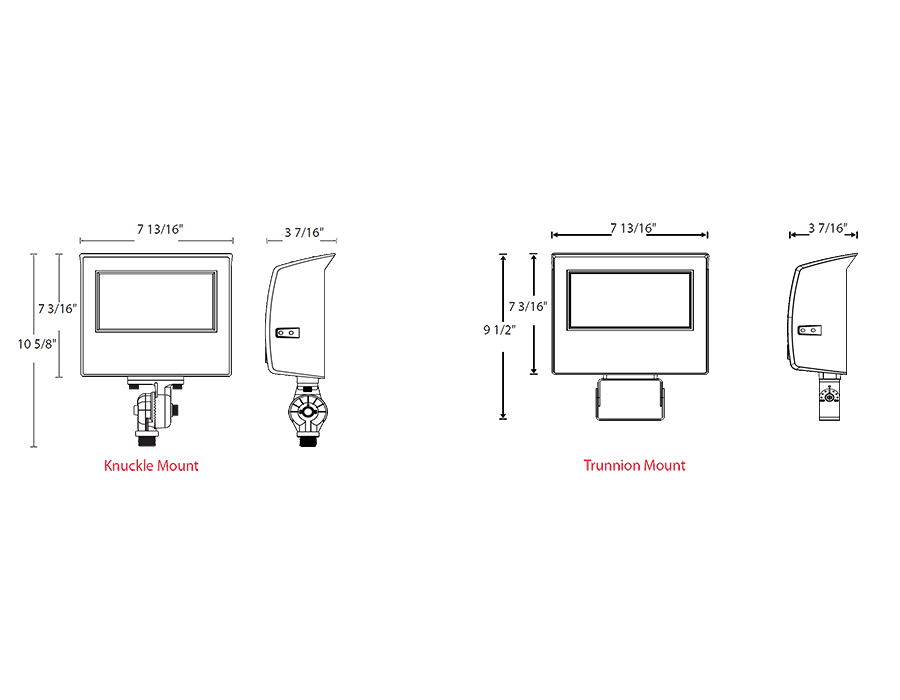 Dimension drawing of the RAB X22-60 X22 5-Way Selectable LED Flood Light – 30W/40W/50W/60W Selectable – 3000K/4000K/5000K Selectable – 4405-9353 Lumens – 120-277V – 7H x 6V Distribution – Knuckle and Trunnion Mount Included – Bronze Finishshowing fixture dimensions and mounting measurements.