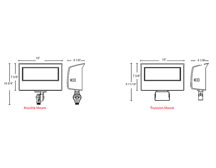Dimension drawing of the RAB X22-80W X22 5-Way Selectable LED Flood Light – 50W/60W/70W/80W Selectable – 3000K/4000K/5000K Selectable – 7193-12272 Lumens – 120-277V – 7H x 6V Distribution – Knuckle and Trunnion Mount Included – White Finishshowing fixture dimensions and mounting measurements.