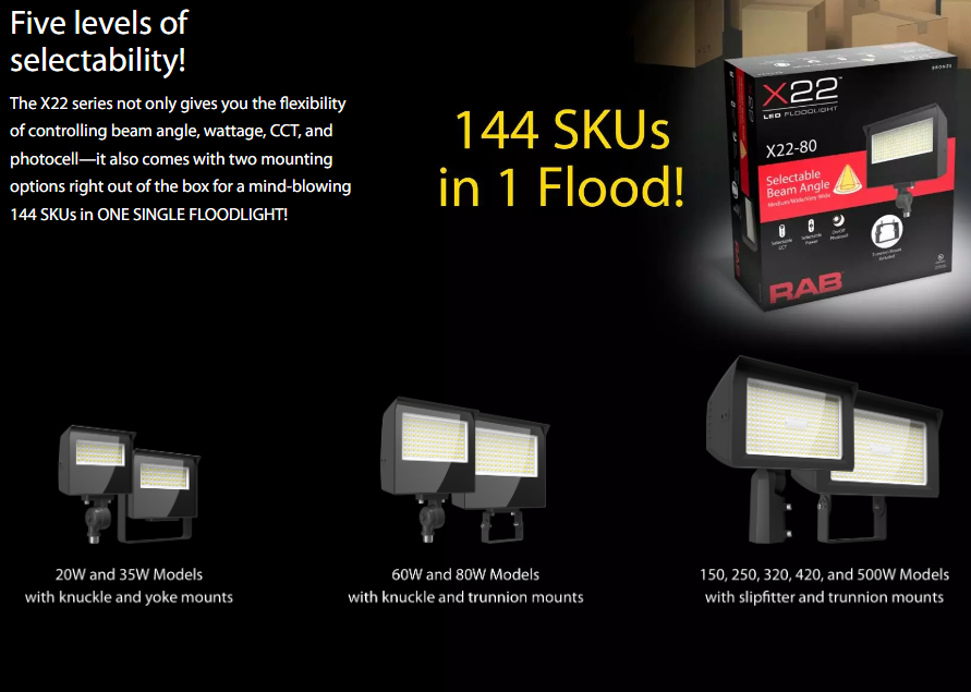 RAB X22-35 X22 5-Way Selectable LED Flood Light – 20W/25W/30W/35W Selectable – 3000K/4000K/5000K Selectable – 2832-5286 Lumens – 120-277V – 7H x 6V Distribution – Knuckle and Yoke Mount Included – Bronze Finish