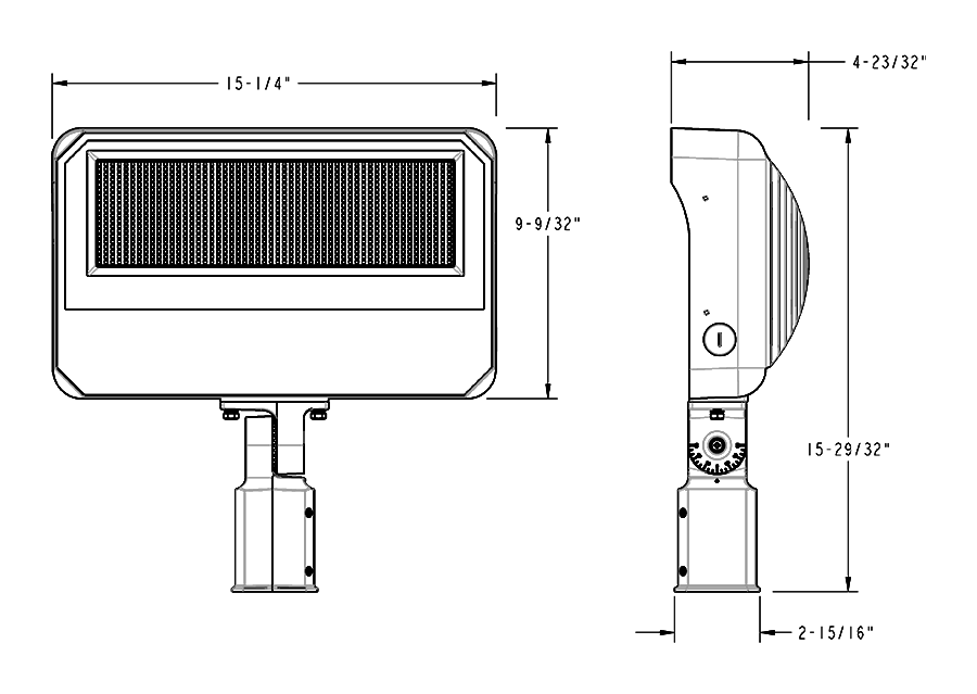 Dimension drawing of the RAB X34-250SF/480 X34 LED Flood Light – 250W – Selectable 3000K/4000K/5000K – 19174-39155 Lumens – 480V – Slipfitter Mount – Bronze Finishshowing fixture dimensions and mounting measurements.