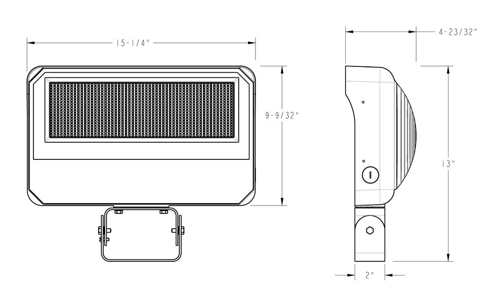 Dimension drawing of the RAB X34-250T X34 LED Flood Light – 250W – Selectable 3000K/4000K/5000K – 19174-39155 Lumens – 120-277V – Trunnion Mount – Bronze Finishshowing fixture dimensions and mounting measurements.