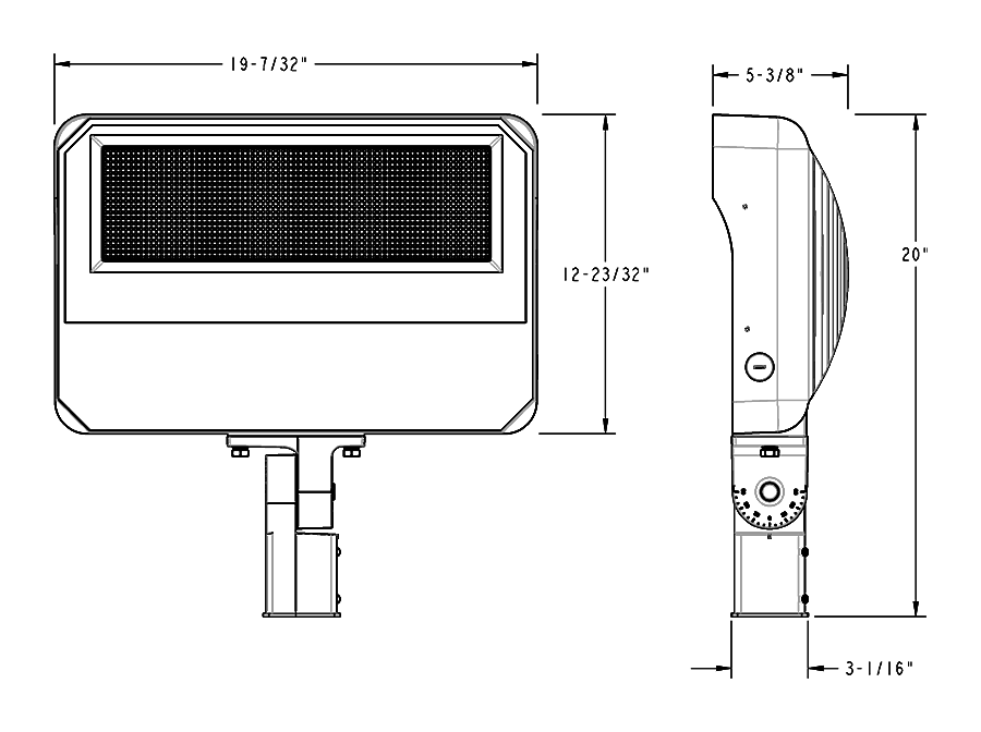 Dimension drawing of the RAB X34-350SF X34 LED Flood Light – 350W – Selectable 3000K/4000K/5000K – 27586-55697 Lumens – 120-277V – Slipfitter Mount – Bronze Finishshowing fixture dimensions and mounting measurements.