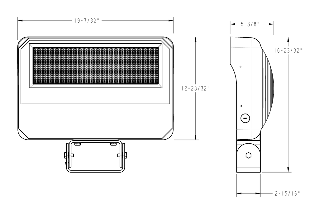 Dimension drawing of the RAB X34-350T X34 LED Flood Light – 350W – Selectable 3000K/4000K/5000K – 27586-55697 Lumens – 120-277V – Trunnion Mount – Bronze Finishshowing fixture dimensions and mounting measurements.