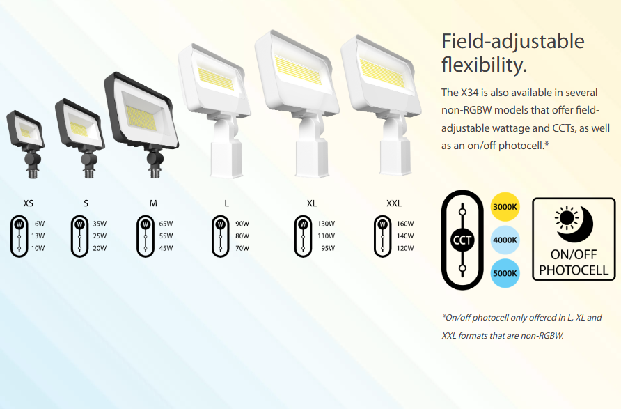 RAB X34LTW X34 High Output Field-Adjustable LED Flood Light – 70W/80W/90W Selectable – 3000K/4000K/5000K Selectable – 10313-14040 Lumens – 120-277V – 0-10V Dimming – Trunnion Mount – White Finish
