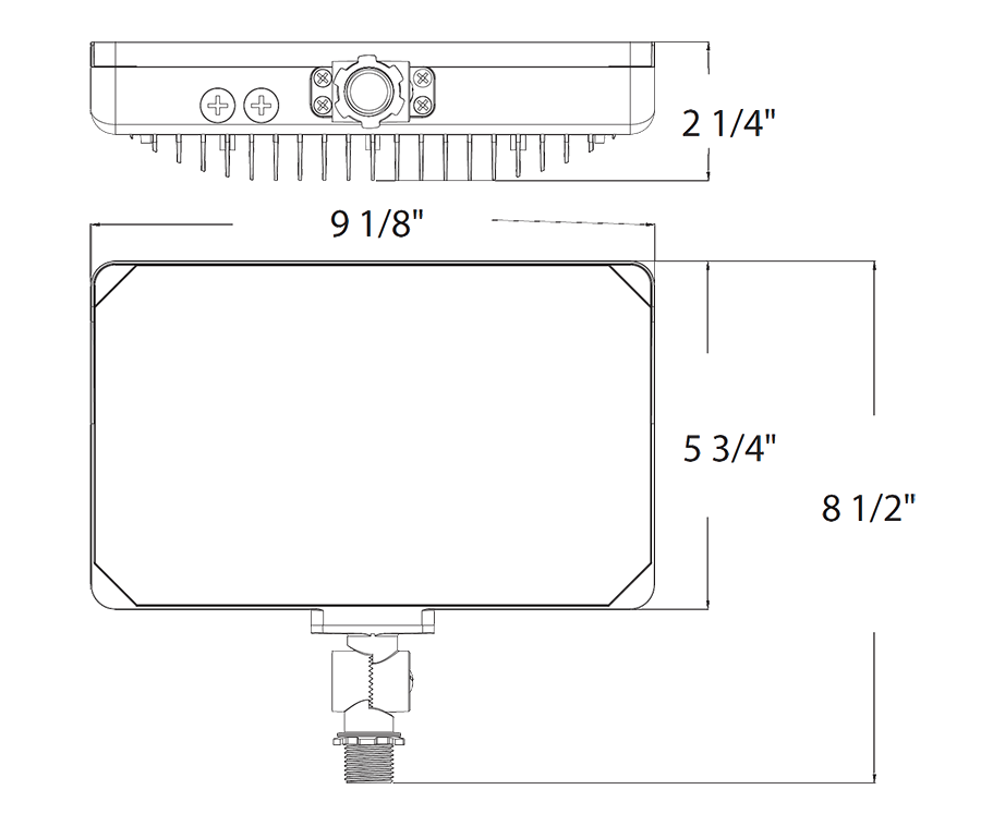 Dimension drawing of the RAB X34MW X34M LED Flood Light – Selectable 45W/55W/65W – Selectable 3000K/4000K/5000K – 6346-9718 Lumens – 120-277V – Knuckle Mount – White Finishshowing fixture dimensions and mounting measurements.