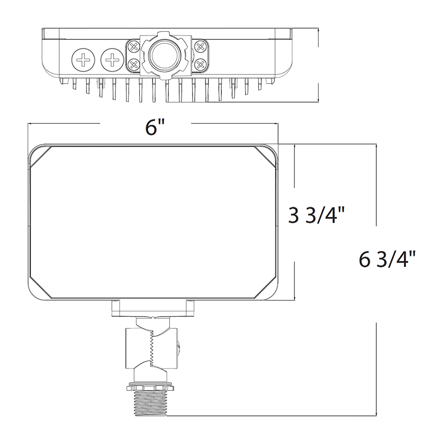 Dimension drawing of the RAB X34S X34S LED Flood Light – Selectable 20W/25W/35W – Selectable 3000K/4000K/5000K – 2685-4677 Lumens – 120-277V – Knuckle Mount – Bronze Finishshowing fixture dimensions and mounting measurements.