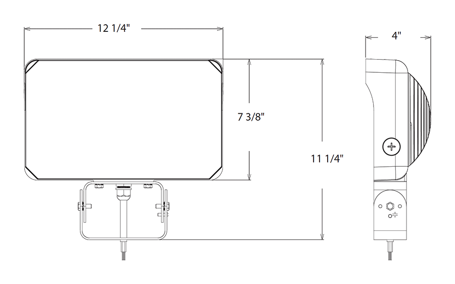 Dimension drawing of the RAB X34XLT X34XL LED Flood Light – Selectable 95W/110W/130W – Selectable 3000K/4000K/5000K – 14615-20065 Lumens – 120-277V – Trunnion Mount – Bronze Finishshowing fixture dimensions and mounting measurements.